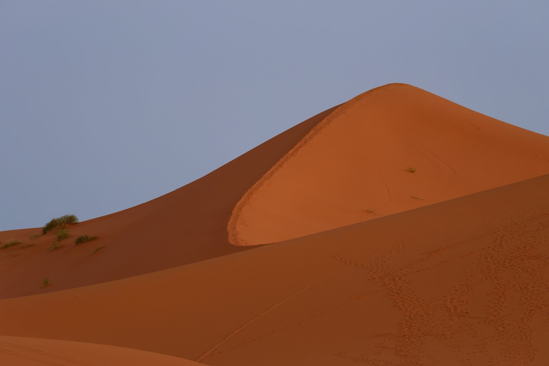 Orangefarbene Sanddünen bei Merzouga in Marokko im Morgenlicht unter hellem Himmel